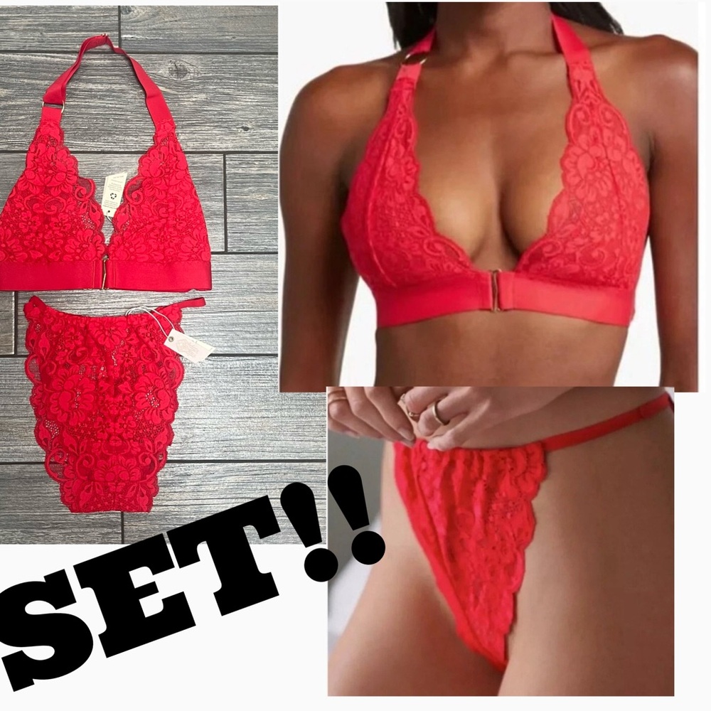 NWT HAH X Free People SET Red Lace Groupie Bralette and Chase Me Down Panty S M
